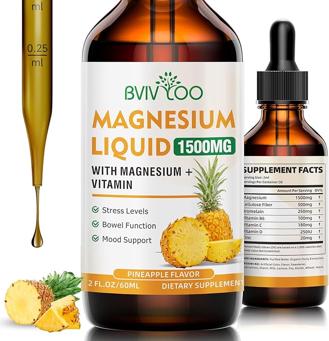 Magnesium Glycinate Liquid, High Absorption Magnesium Liquid Drops with Cellulose Fiber, Bromelain, Vitamins B6 C D & Zinc, Magnesium Supplement for Adults & Kids, Pineapple Flavor - 2 Fl Oz