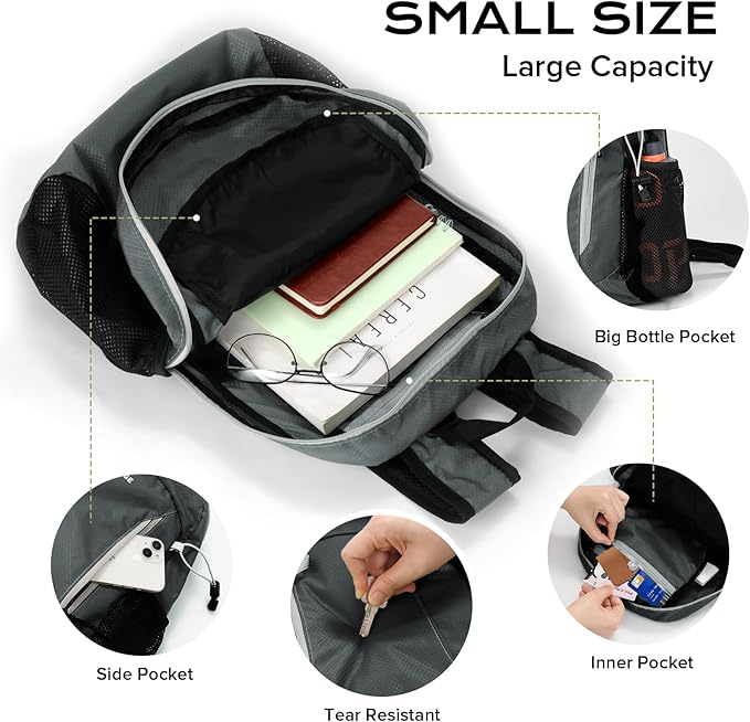 15L Water-resistant Hiking Daypack, Small Backpack Travel Outdoor, Lightweight Day Pack with Tool Loops