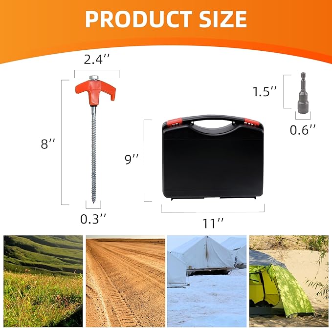 16 Pack Tent Stakes Heavy Duty, 8" Screw in Tent Stakes, 2024 New Tent Stakes for Outdoor Camping, Metal Threaded Tent Spikes with Hex Head Driver and Storage Box