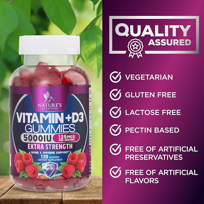 Vitamin D3 Supplement Gummy 5000 IU (125 mcg) Dietary Vitamins D for Men & Women - Bone, Teeth, Muscle and Immune Health Support, High Potency VIT D3 Nature's Non-GMO & Gluten Free - 120 Gummies