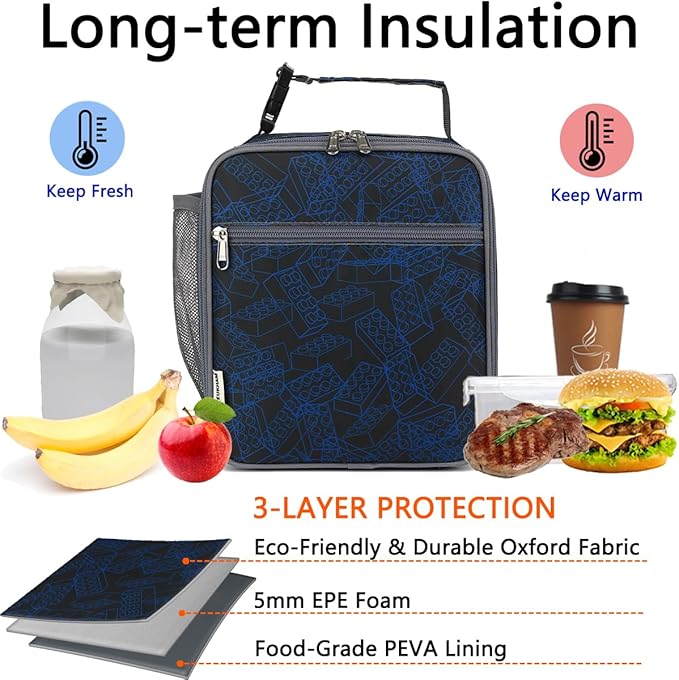 Lunch Box for Kids Boys Girls Men Women, Insulated Small Soft Cooler Lunch Bag Kit for School Work Picnic Travel - Reusable Portable lunchbox, Bricks