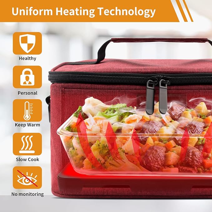 Aotto Portable Electric Lunch Box Food Heater - 110V Portable Oven and Food Warmer, Heated Lunch Box for Adults, Cook, Reheat, and Keep Meals Warm for Travel, Office, and Home - Red