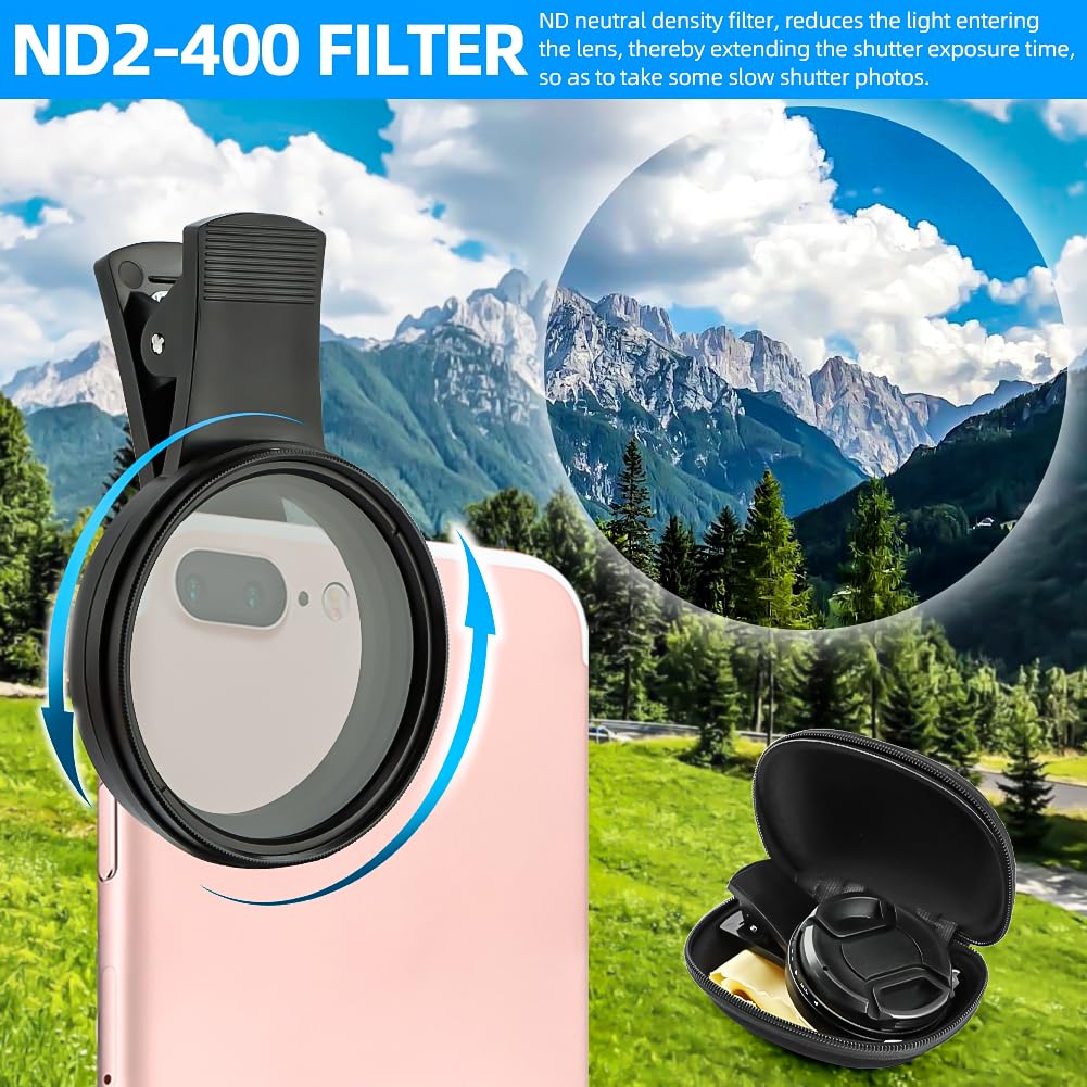 52mm Variable ND2-ND400 Filter, Clip-on Phone Lens ND Kit, Universal Adjustable Neutral Density Compatible With iPhone/Samsung/Android Smartphones (Size: 52mm)