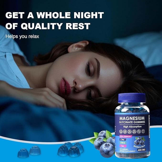 Blueberry Flavor Magnesium Glycinate Gummies 400mg – High Absorption Supplement for Adults and Kids, Sugar-Free, Gelatin-Free, Vegan-Friendly, 60-Day Supply