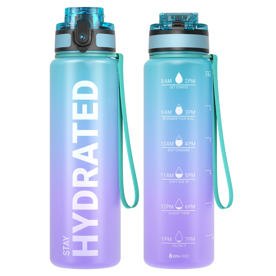 Sahara Sailor Water Bottles, 25oz Motivational Sports Water Bottle with Time Marker - Times to Drink - Tritan, BPA Free, Wide Mouth Leakproof, Fast Flow Technology with Clean Brush (1 Bottle)