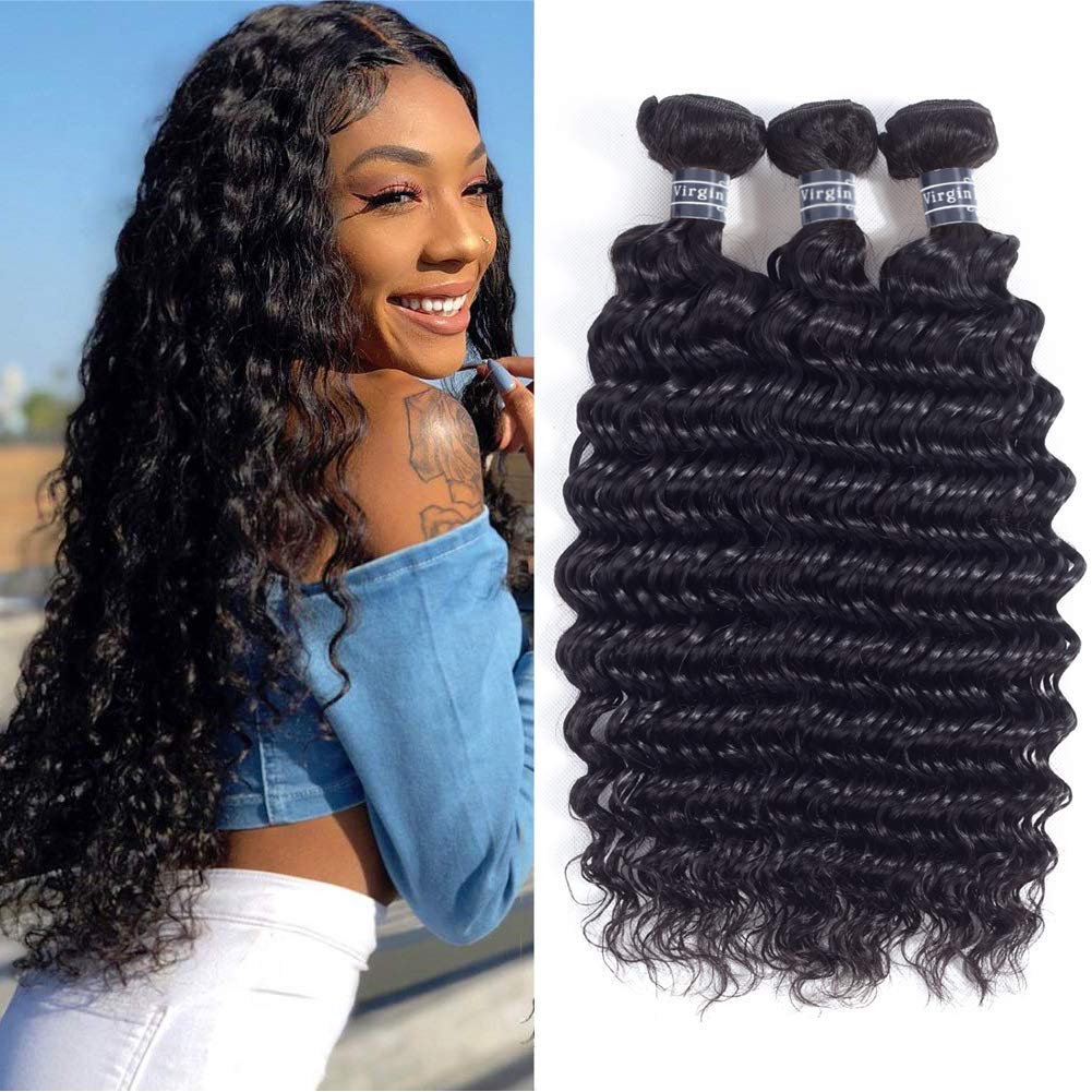 Amella Hair 8A Grade Uprocessed Brazilian Deep Wave 100% Virgin Hair 3 Bundles Remy Human Hair Extensions Natural Color (14'' 16