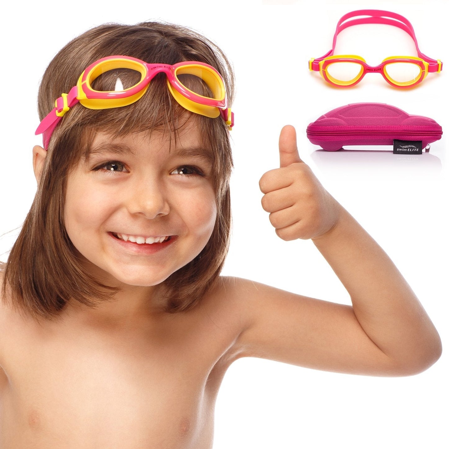 SWIM ELITE Kids Swimming Goggles - Comfortable Adjustable Strap, Anti-Fog, UV Protection, Toddler to Kid Size, Fun and Colorful Case