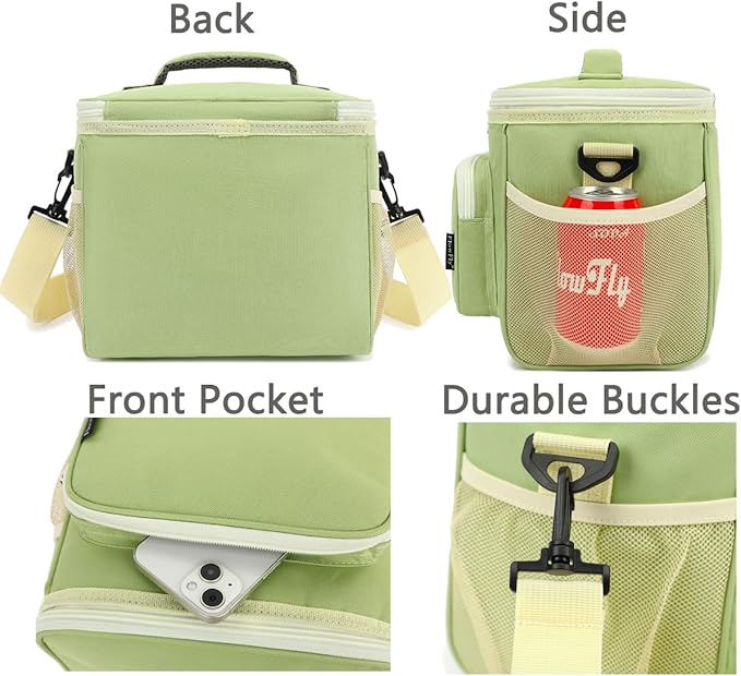 FlowFly Insulated Reusable Lunch Bag Adult Large Lunch Box for Women and Men with Adjustable Shoulder Strap,Front Zipper Pocket and Dual Large Mesh Side Pockets,Light Matcha