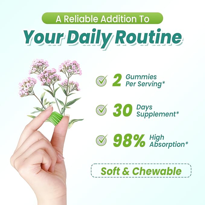 Organic Valerian Root Gummies, Natural Calm to Help Relaxation, Herbal Supplement for Mood Support, Melatonin Free, Non-GMO, Gluten Free, Vegan, Green Grape Flavor, 60 Count