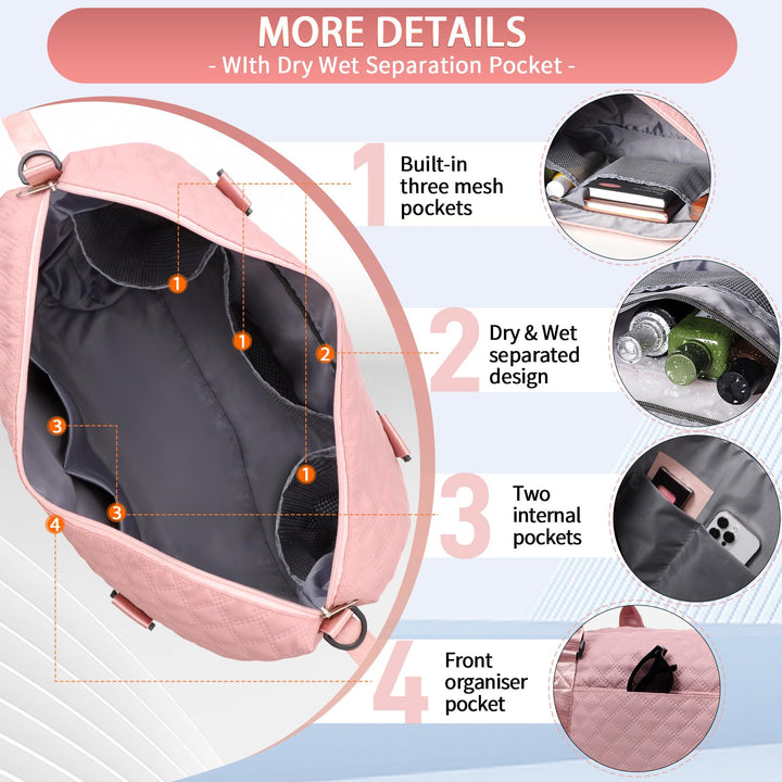 FIORETTO Women's Water-Resistant Travel Gym Duffle Bag with Detachable Strap, Multi-Functional, Ideal for Travel, Gym, Sports, Weekender, DUffel, with Toiletry Bag, Pink