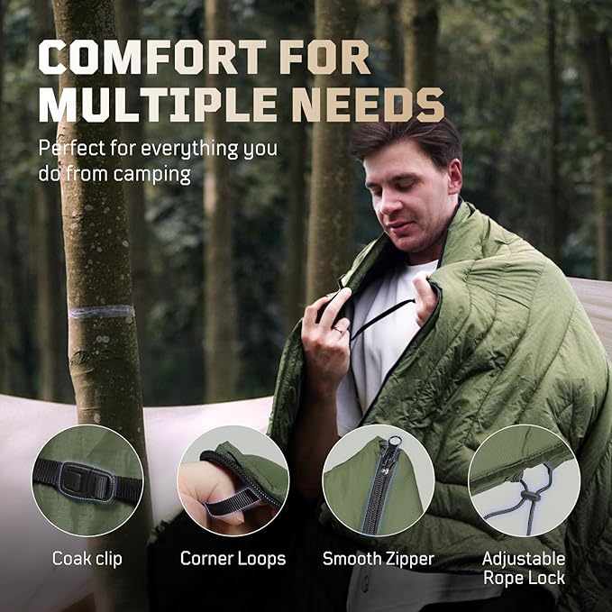 3M Thinsulate Insulation Camping Blanket, Packable, Lightweight Camp Quilt with Footbox, Zippered, Outdoor Sleeping Blanket for Backpacking, Travel, Stadium, Beach