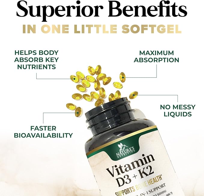 Vitamin D3 K2, 5000 IU Vitamin D3 & 100 mcg Vitamin K2 MK-7 Supplement Supports Immune Health, Bone, Heart & Calcium Absorption - Extra Virgin Olive Oil Softgel, Vitamins D & K Complex - 120 Softgels