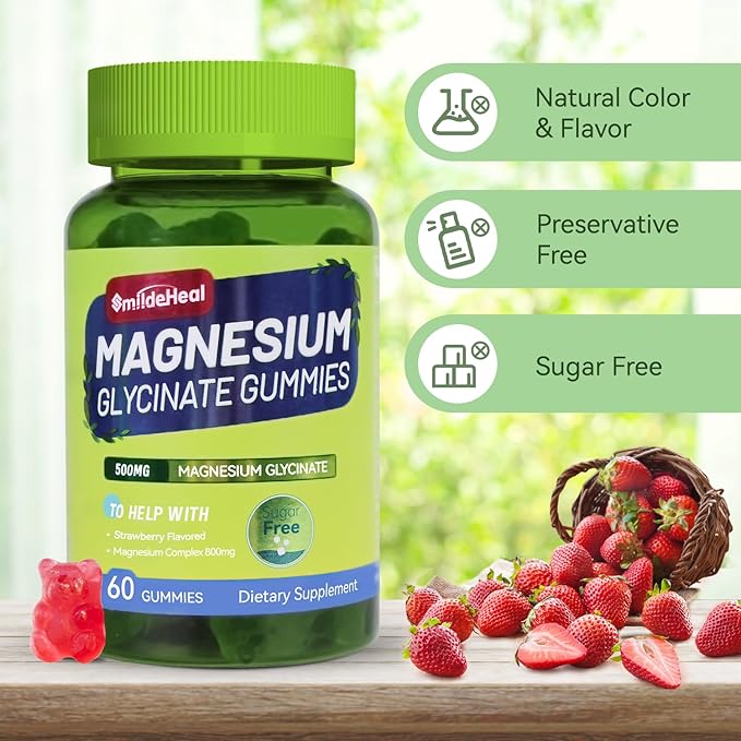 Magnesium Glycinate Gummies 500mg with L-Threonine 300mg - Sugar-Free Magnesium Potassium Supplement with Vitamin D, B6, CoQ10 - Strawberry Flavored - 120 Gummies