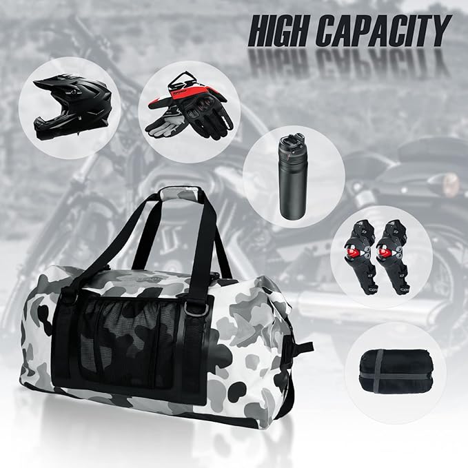 65L Waterproof Duffel Bag for Men and Women - Large Motorcycle Duffle Bag with Straps for Back Seat - Roll Top Dry Bag for Kayaking, Rafting, Boating, Swimming, Beach