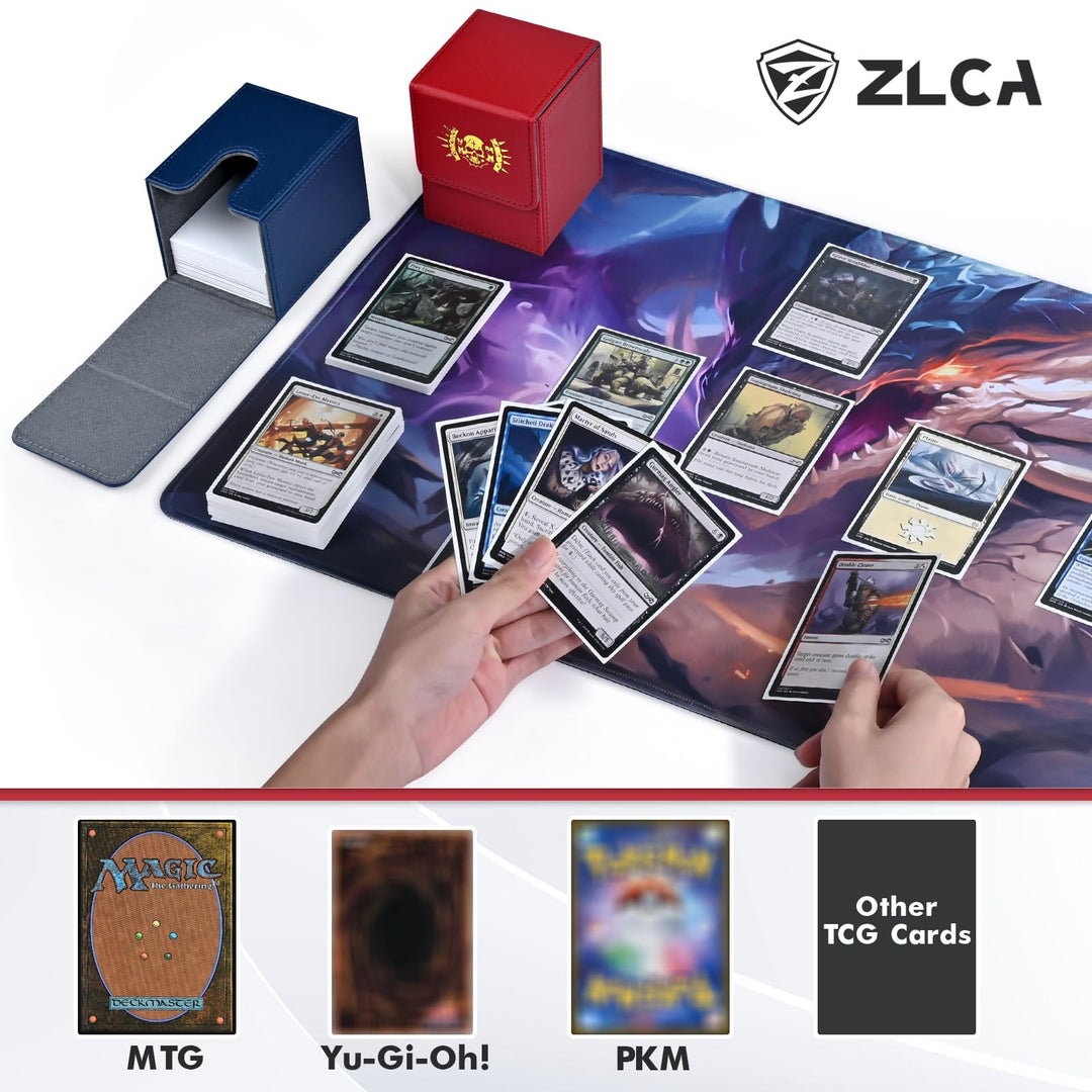 ZLCA Card Deck Box for MTG Cards with 2 Dividers, Card Storage Box Fits 100+ Single Sleeved Cards, PU Leather TCG Card Deck Case Holder for Magic Commander Yugioh (Red,Hammer)