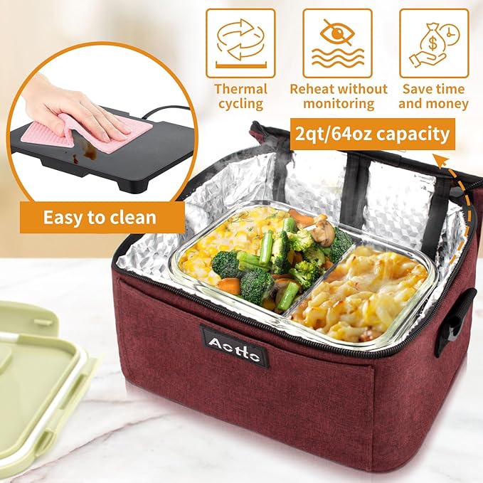 Aotto Portable Electric Lunch Box Food Heater - 110V Portable Oven and Food Warmer, Heated Lunch Box for Adults, Cook, Reheat, and Keep Meals Warm for Travel, Office, and Home - Red