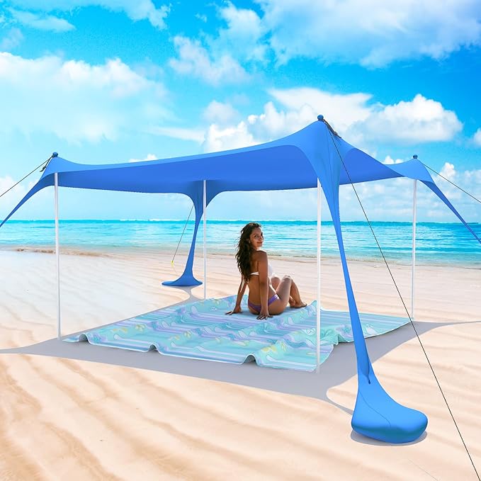 Beach Tent Pop Up Shade Canopy Sun Shelter UPF50+ with 2 Stability Poles/Carry Bag/Ground Pegs/Sand Shovel/Windproof Ropes Portable Outdoor Family Sunshade for Beach Camping(Royal Blue10×10FT)