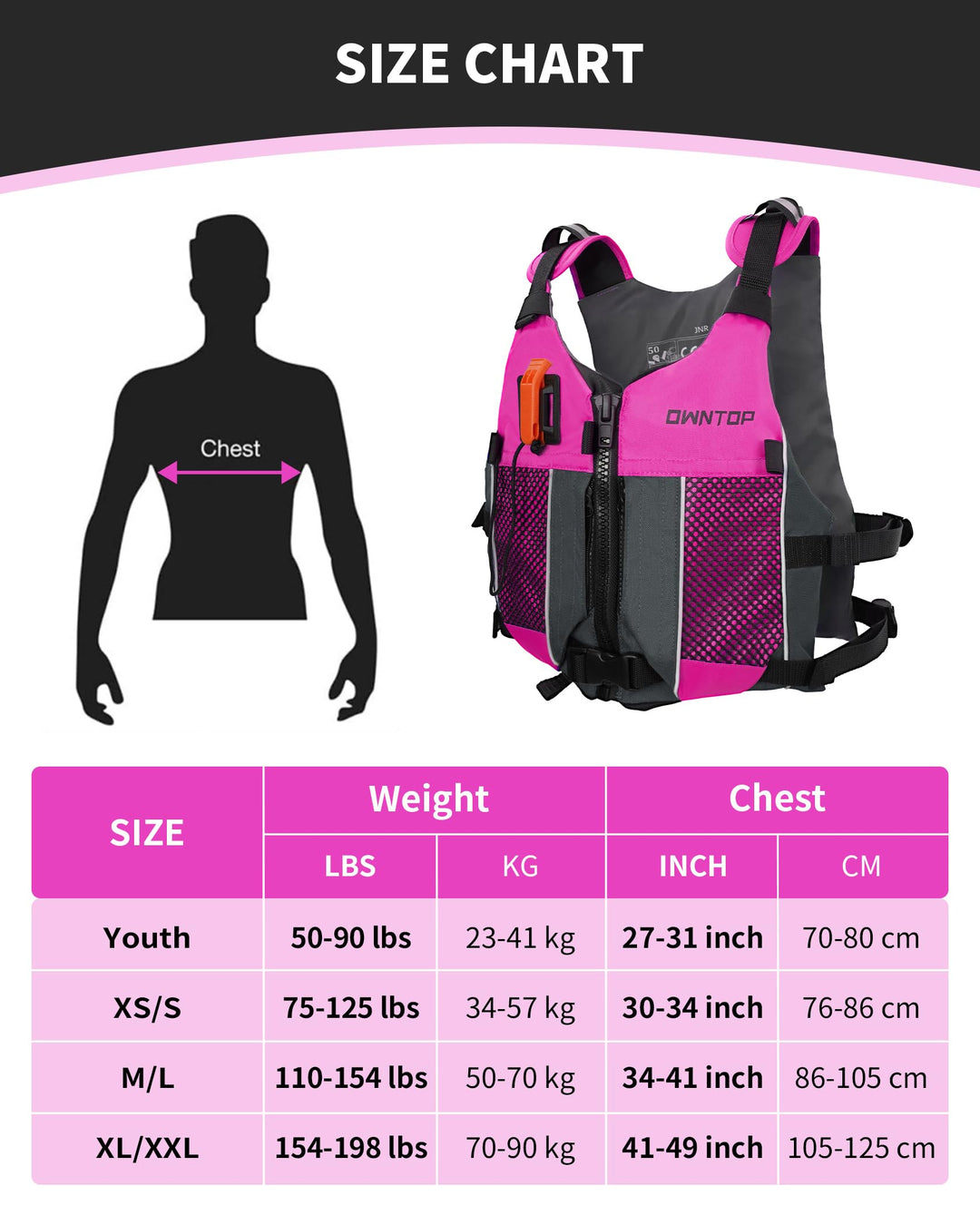 Owntop Swim Vest Youth 75-125 lbs, Lightweight Kayak Kids Swim Jacket Boys Grils, Hydration Pocket for Wakeboard, Boating, Fishing, Water Sports (Pink, XS/S)