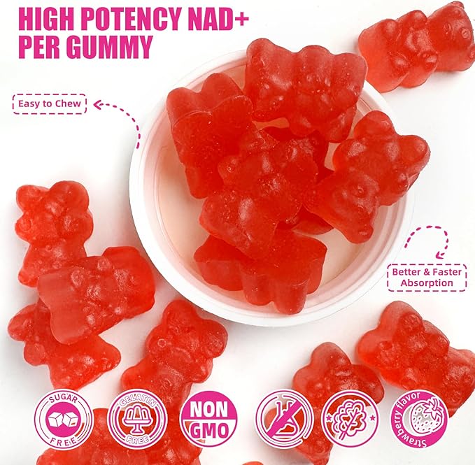 NAD+ Gummies NAD Supplements for Women: NAD Plus Supplement Liposomal Nicotinamide Riboside Resveratrol 900mg for Supports Cellular Health & Energy and DNA Repair Sugar Free Strawberry 60 Count