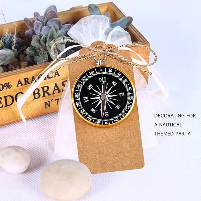 50 Sets Mini Compass Favors-Joyfulmap Compass Favors with Kraft Tags and Drawstring，Mini Compass Decorations for Weddings-Travel-Nautical-Birthday Themed Party Decorations(Golden)