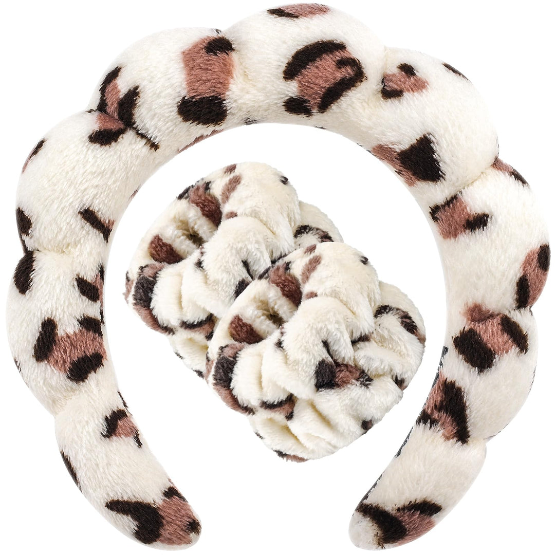 Zkptops Spa Headband for Washing Face Wristband Set Sponge Makeup Skincare Headband Wrist Plush Bubble Get Ready Hairbands for Women Puffy Headwear Non Slip Thick Thin Hair Accessory(Beige Leopard)