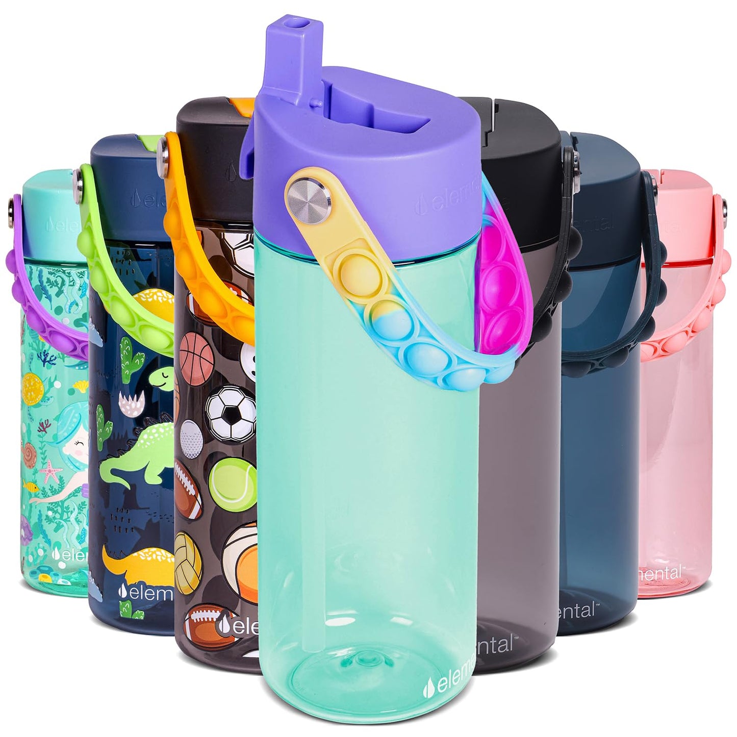 Elemental Leak Proof Water Bottles for Kids - Splash Kids Water Bottle for School with Fun Fidget Pop-it Handle - BPA Free Tritan Plastic Reusable Water Bottle with Straw - Blue Tie Dye - 18oz