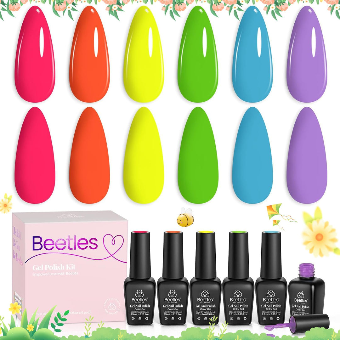 Beetles Neon Gel Nail Polish Set, 6 Colors Pastel Hot Pink Orange Yellow Green Blue Purple Spring Summer Gel Polish Kit Soak Off