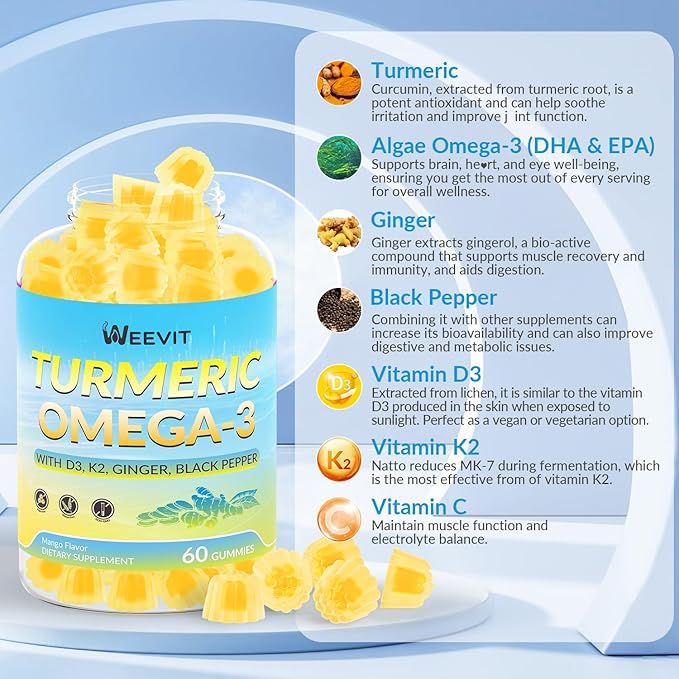 Turmeric Ginger Gummies with Omega 3, Turmeric Curcumin Supplement with Black Pepper,Vitamin D3 & K2 for Women & Men