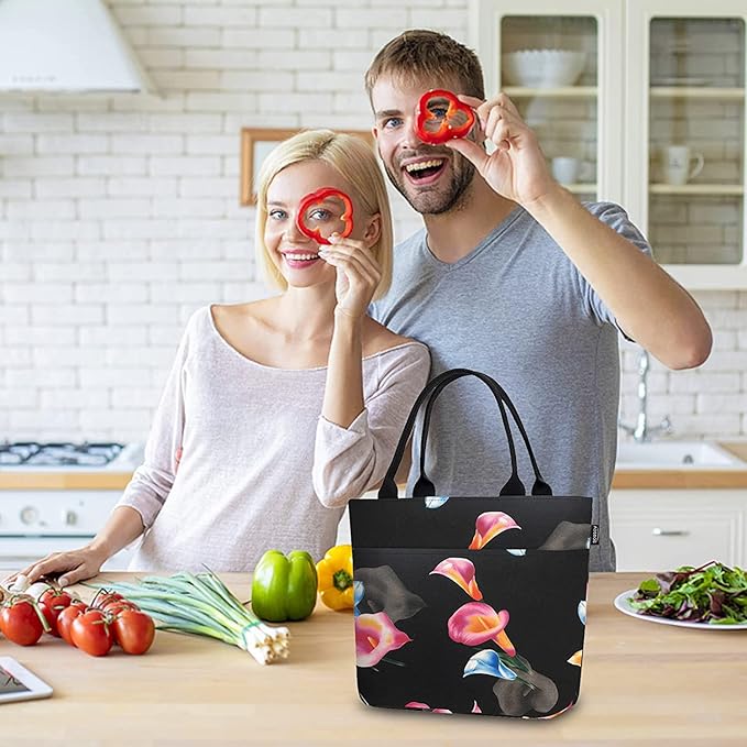 Aosbos Lunch Bags for Adult Lunch Box for Women Reusable Insulated Lunch Box Tote Bag Leakproof Lunch Bags Black Loncheras Para Mujer Lunch Tote Cooler Bag Insulated Bag Lunchboxes, Calla Lily
