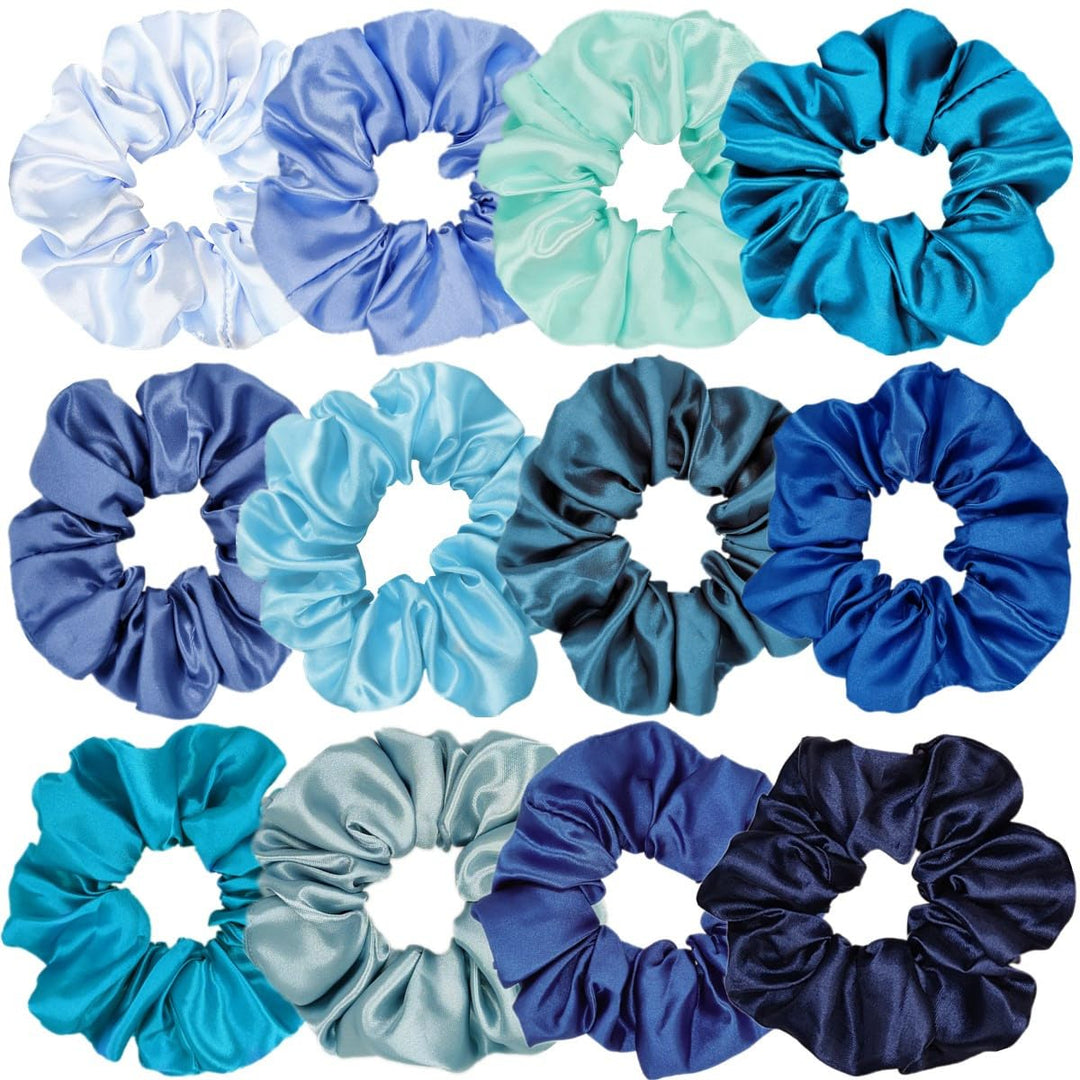 Sufermoe 12 Pcs Satin Silk Hair Scrunchies, Assorted Blue, 4.5 Inch Hair Ties For Women Girls