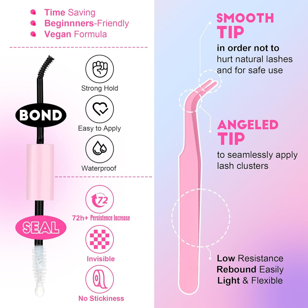 80D Full Volume Eyelash Clusters Kit | DIY Lash Extensions with Bond & Tweezers