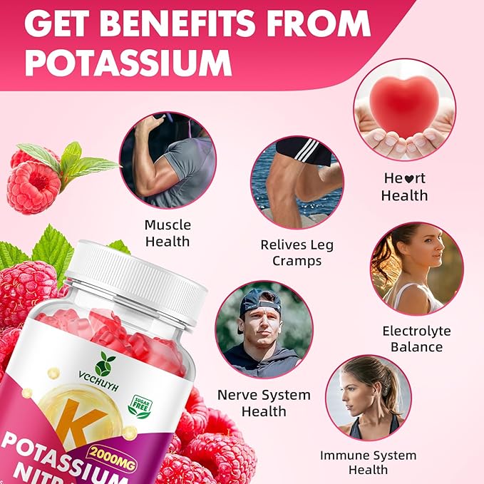 Potassium Gummies for Women & Men, High Dose Potassium Supplement 2000mg Supports Muscle Cramps & Electrolyte Balance, Raspberry Flavor 60 Count