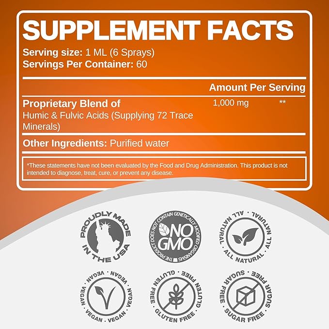Advanced Fulvic Acid and Humic Acid Trace Mineral Liquid Spray Supplement. 70+ Ionic Organic Vital Minerals & Electrolytes, Similar Benefits of Shilajit & Drops (4 oz, 120 Servings)
