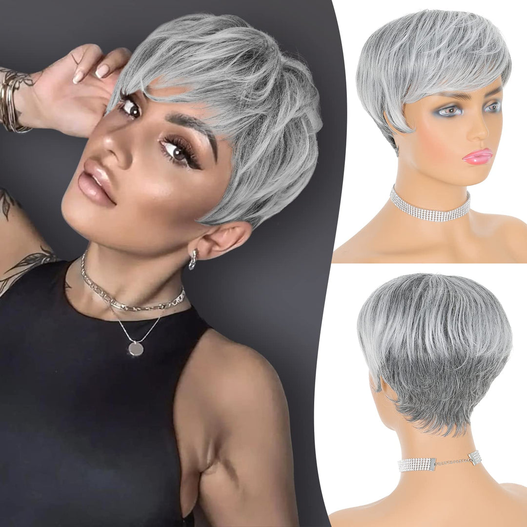 Feshfen Pixie Cut Wigs Synthetic Short Ombre Gray Pixie Haircut Wig With Bangs Glueless Layered Wig Wavy Grey To Black Wigs For