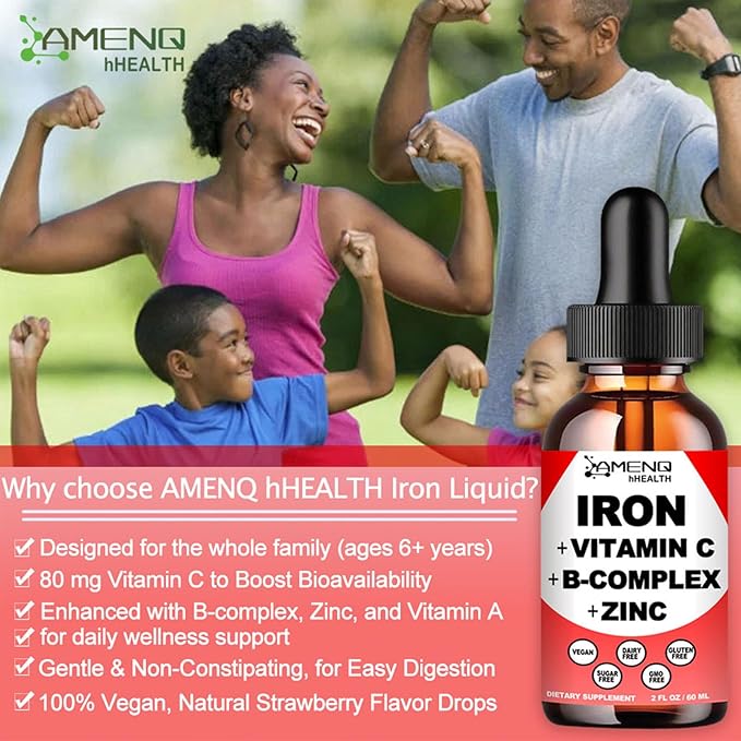 2 Pack Liquid Iron Supplement w/ Vitamin C, A, B-Complex, Vegan Iron Drops High Potency Liquid Vitamin & Iron Supplements for Women, Men & Children -Support Red Blood Cell, Energy, Anemia & Fatigue