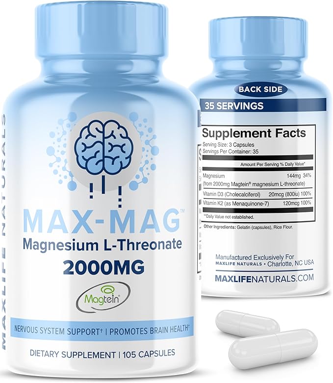 Max-Mag Magnesium L-Threonate Capsules - Magtein Magnesium L-Threonate 2000mg with Vitamin D3 and K2 for Brain, Sleep, & Mood – 105 Easy-to-Swallow Capsules