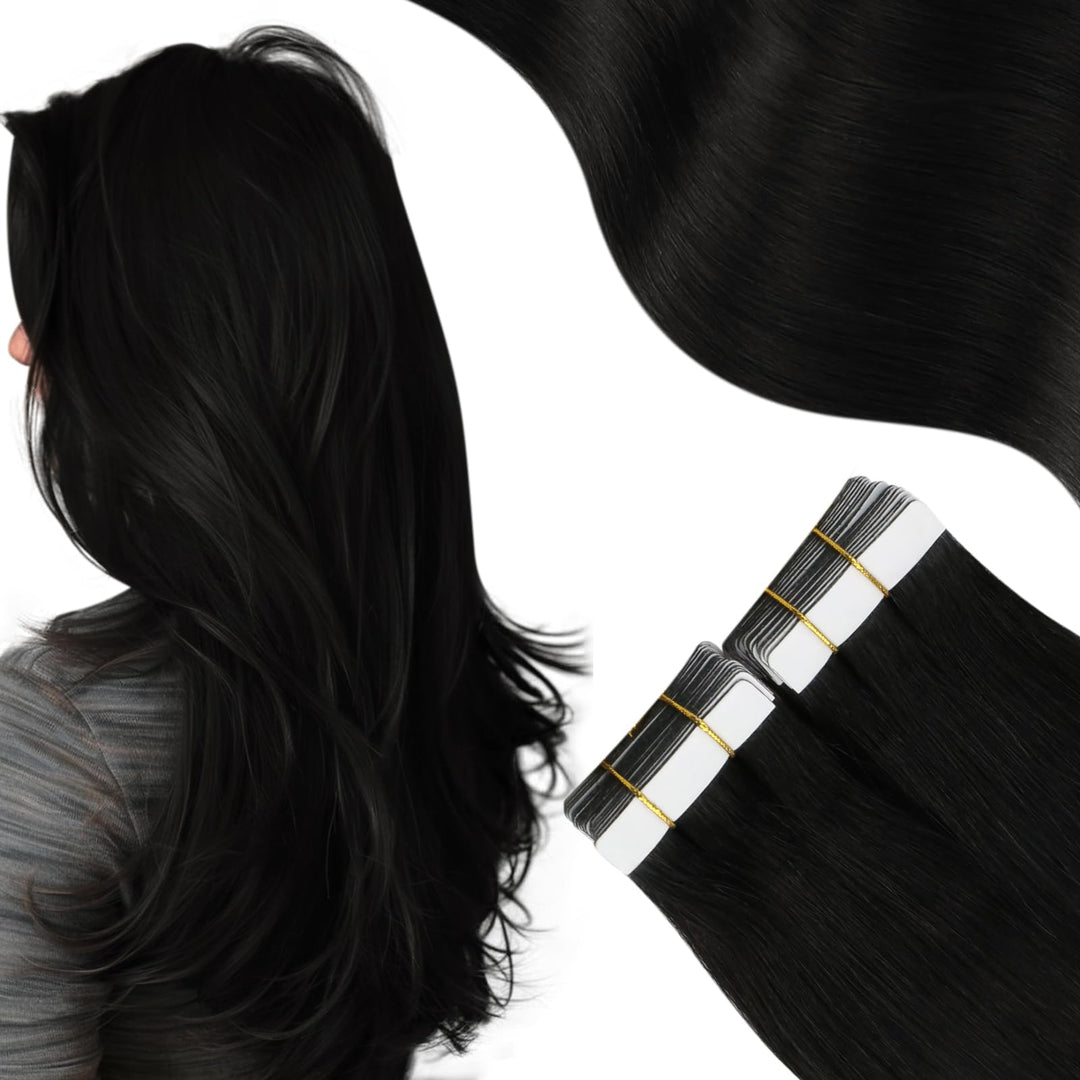 Moresoo Black Tape in Hair Extensions Human Hair Natural Black Human Hair Extensions Tape in Real Human Hair Invisible Tape in Human Hair Extensions 14 Inch #1B 20pcs 40g