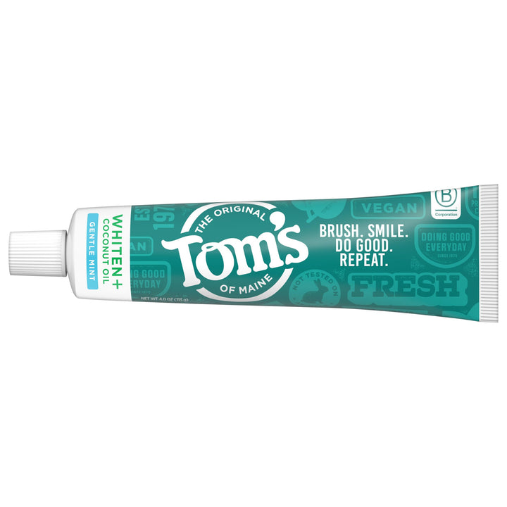 Tom’s of Maine Whiten Plus Coconut Oil Fluoride Free Toothpaste, Natural Whitening Toothpaste with Coconut Oil and Plant-Based Cleansers, Whitens Without Causing Sensitivity, Gentle Mint, 4.0 Oz