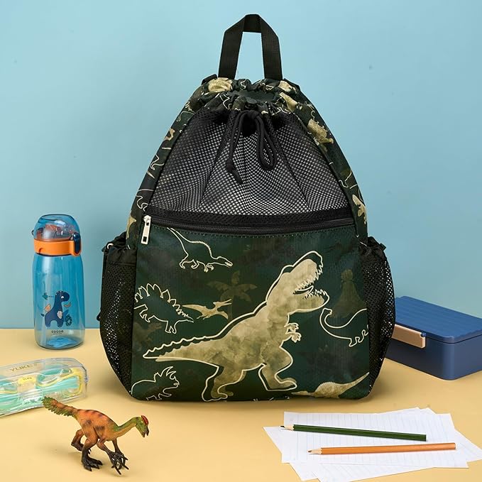 WAWSAM Dinosaur Kids Drawstring Backpack - Mesh Drawstring Bag for Boys Swim Bag with Waterproof Zipper Pocket Kids Beach Backpack for Swimming Pool Sport Yoga Travel Mesh Gym Bag