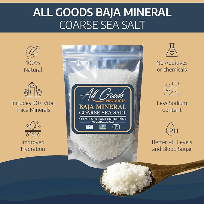 All Goods Products Baja Mineral Coarse Grain Sea Salt, 16 oz Natural Salt from Mexico, Unrefined, Hand-Harvested, Loaded with 90+ Essential Minerals, Kosher, 30% Low Sodium.