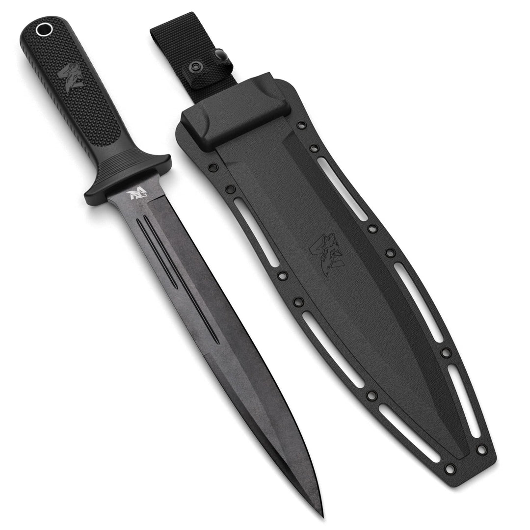 ODENWOLF W-Catcher Fixed Blade Knife with Sheath - Large Hunting Knife made of D2 steel - Big Fixed Blade Double Edge Knife with Non-Slip TPE Handle - Full Tang Survival Knife for Outdoor Activities