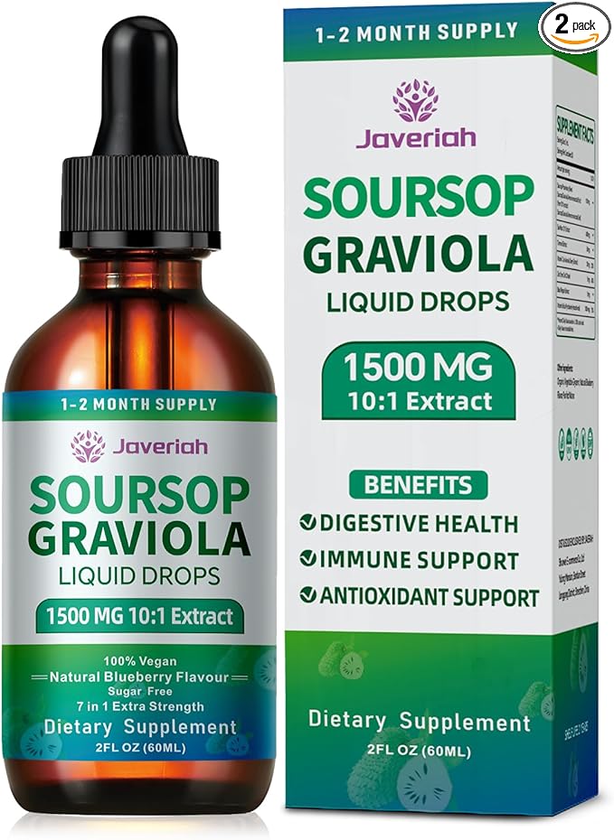 2 Pack Soursop Graviola Leaf Extract Liquid Drops Supplement with Irish Sea Moss & Turmeric for Cellular Support, Immune System Boost, Liver Health, Soursop Bitters Liquid 60-Day Supply 4 FL OZ