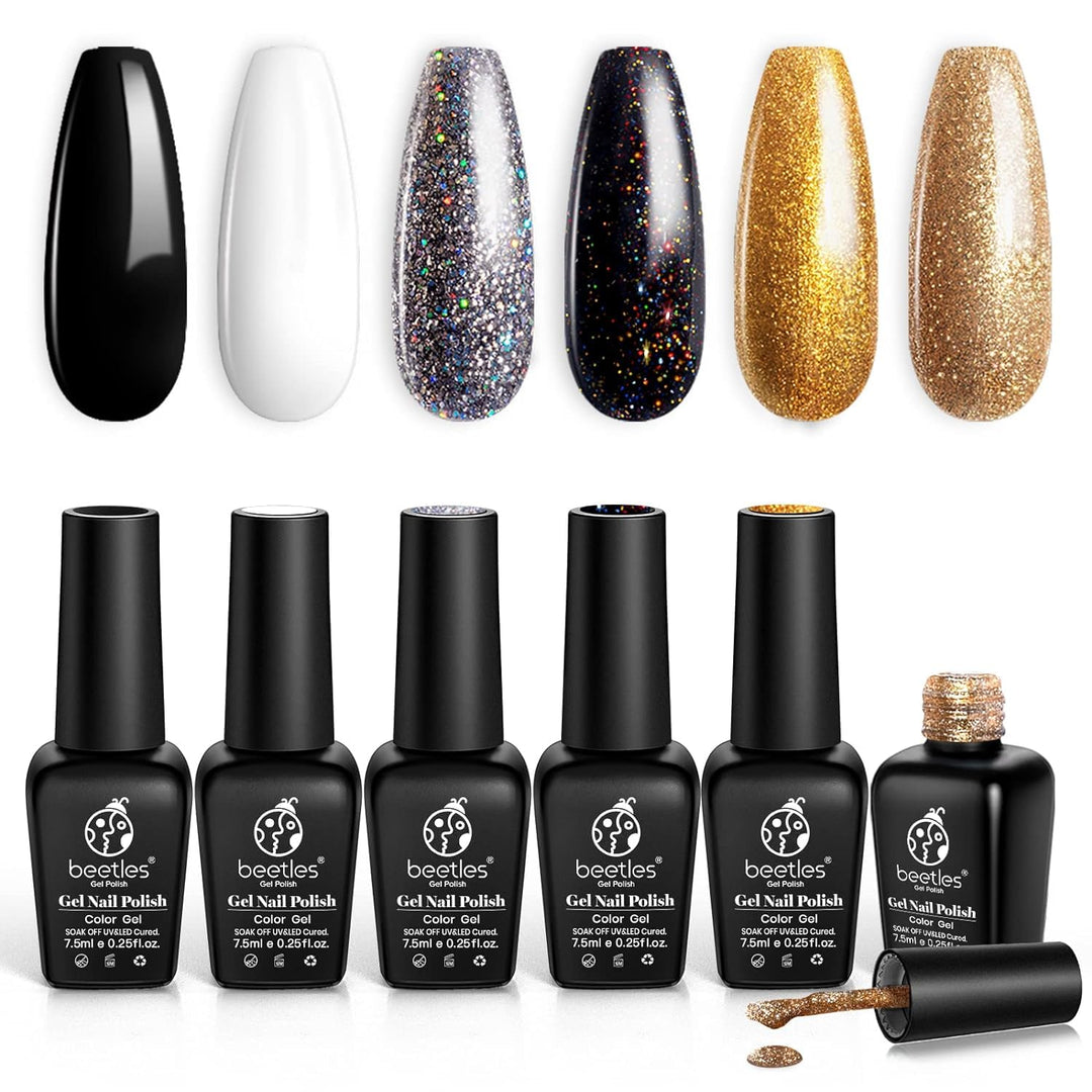 Beetles Gel Nail Polish Set, 6 Colors Black White Gel Silver Rose Gold Glitter Shimmer Gel Polish Soak Off Uv Lamp Gel Kit Gel N