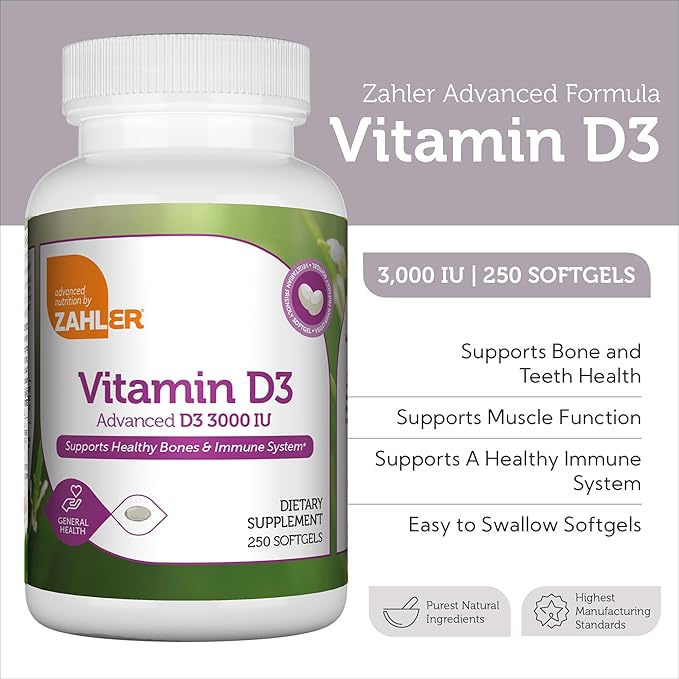 Zahler Vitamin D3 3000IU, Vitamin D3 Supplement 3,000 IU, Certified Kosher (250 Softgels)