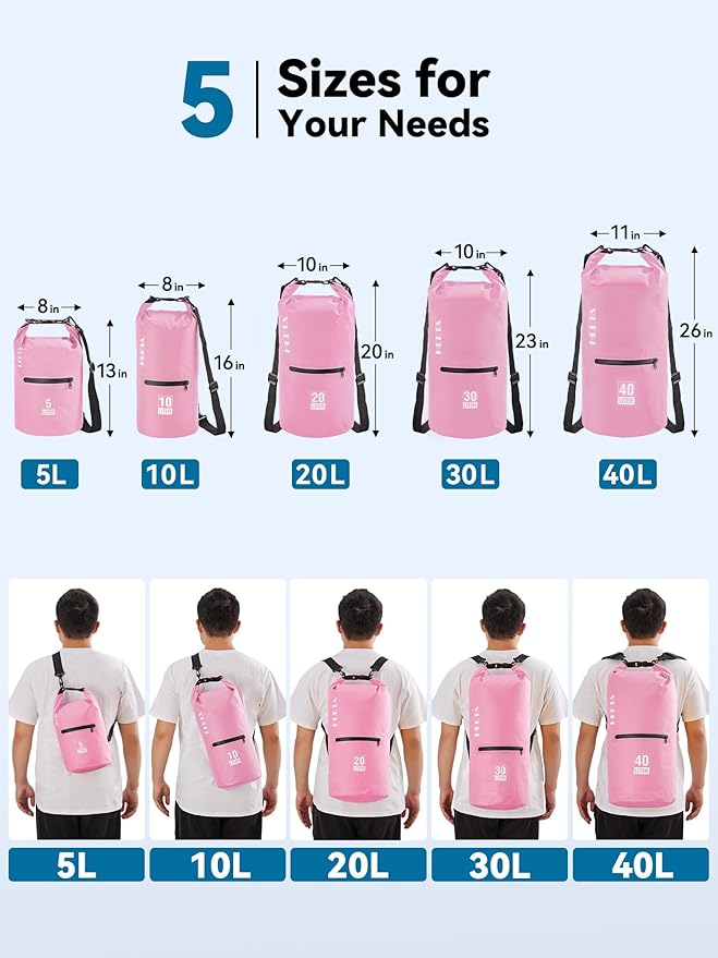 HEETA Waterproof Dry Bag with Phone Case Bundled with Upgraded Dry Bag with Zippered Pocket for Women & Men, Roll Top Lightweight Dry Storage Bag Backpack for Kayaking, Boating, Camping (Pink 5L)