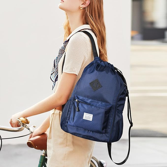 ALUSBELL Large Drawstring Backpack Bag, Sports Gym Bag String Sackpack with Shoes Compartment, Waterproof String Bag Cinch for Women Men(Navy Blue)