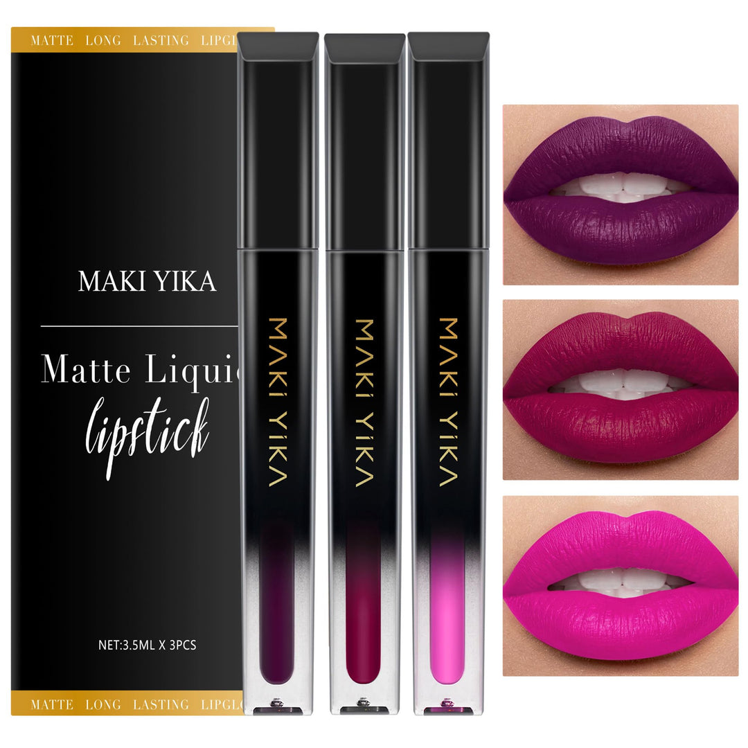 MAKI YIKA 3Pcs Matte Liquid Lipstick Set, Purple Plum Pink Lipstick Long Lasting Smudge Proof Non Transfer Lip Makeup (Purple+Plum+Pink)