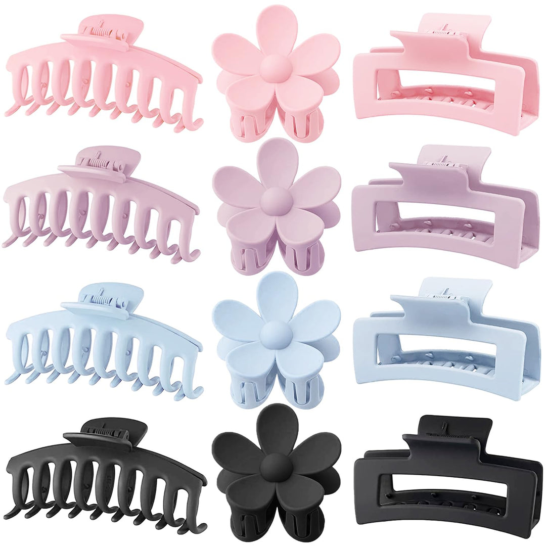 Large Hair Claw Clips 12 Pack Flower Hair Clips For Thick Hair, Big Hair Clips Square Matte Strong Hold For Thin Hair, Cute Hair