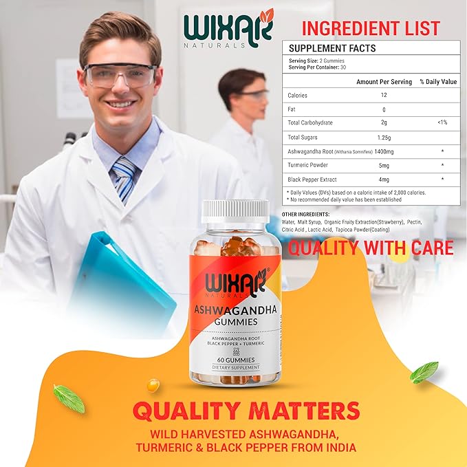 Ashwagandha Gummies with Turmeric and Black Pepper Extract - Herbal Gummy Supplement - 60 Gummies