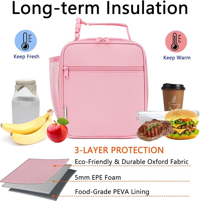 Lunch Box for Kids Boys Girls Men Women, Insulated Small Soft Cooler Lunch Bag Kit for School Work Picnic Travel - Reusable Portable lunchbox, Pink